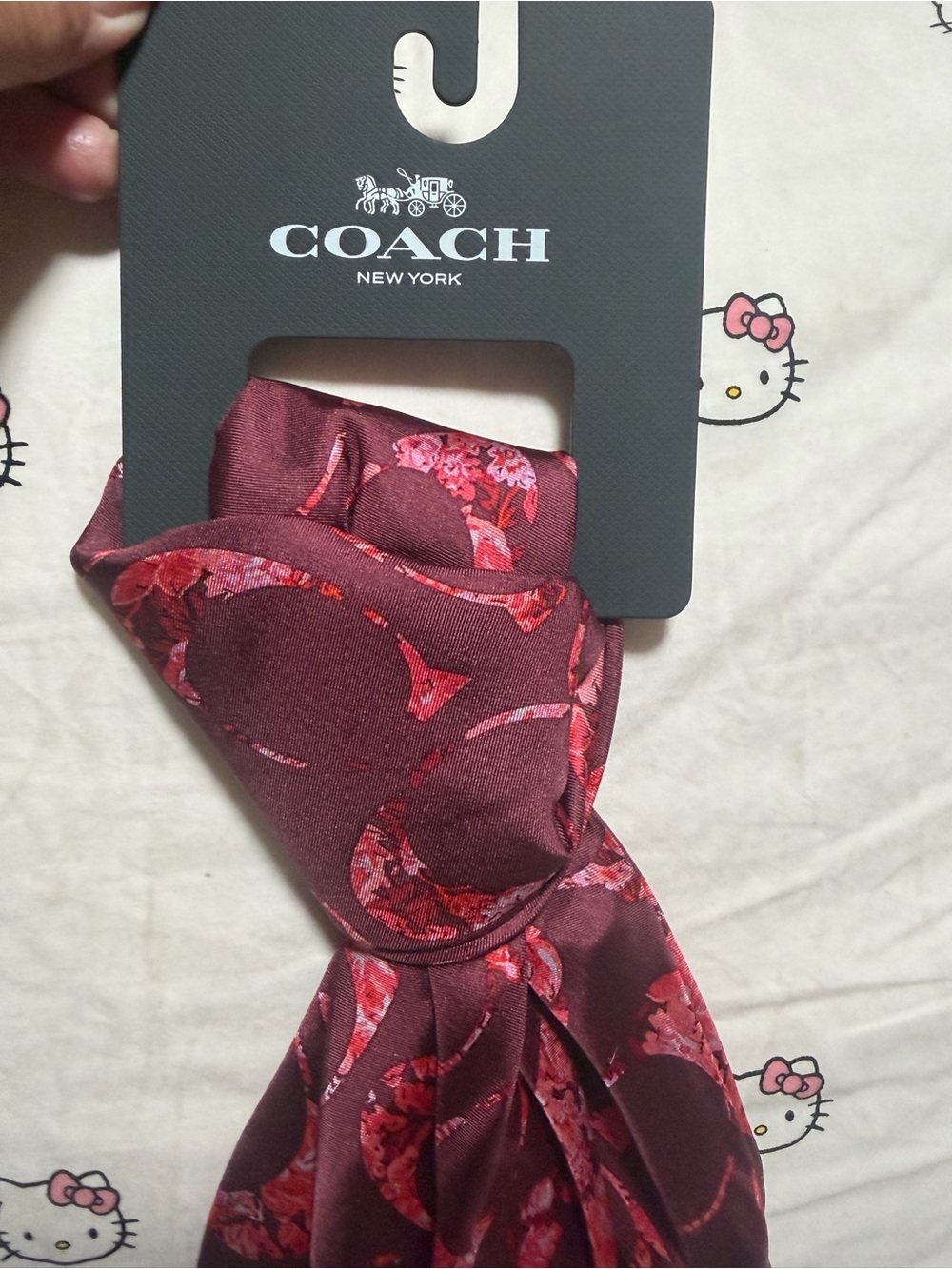 COACH Burgundy and Pink Floral Silk Scarf